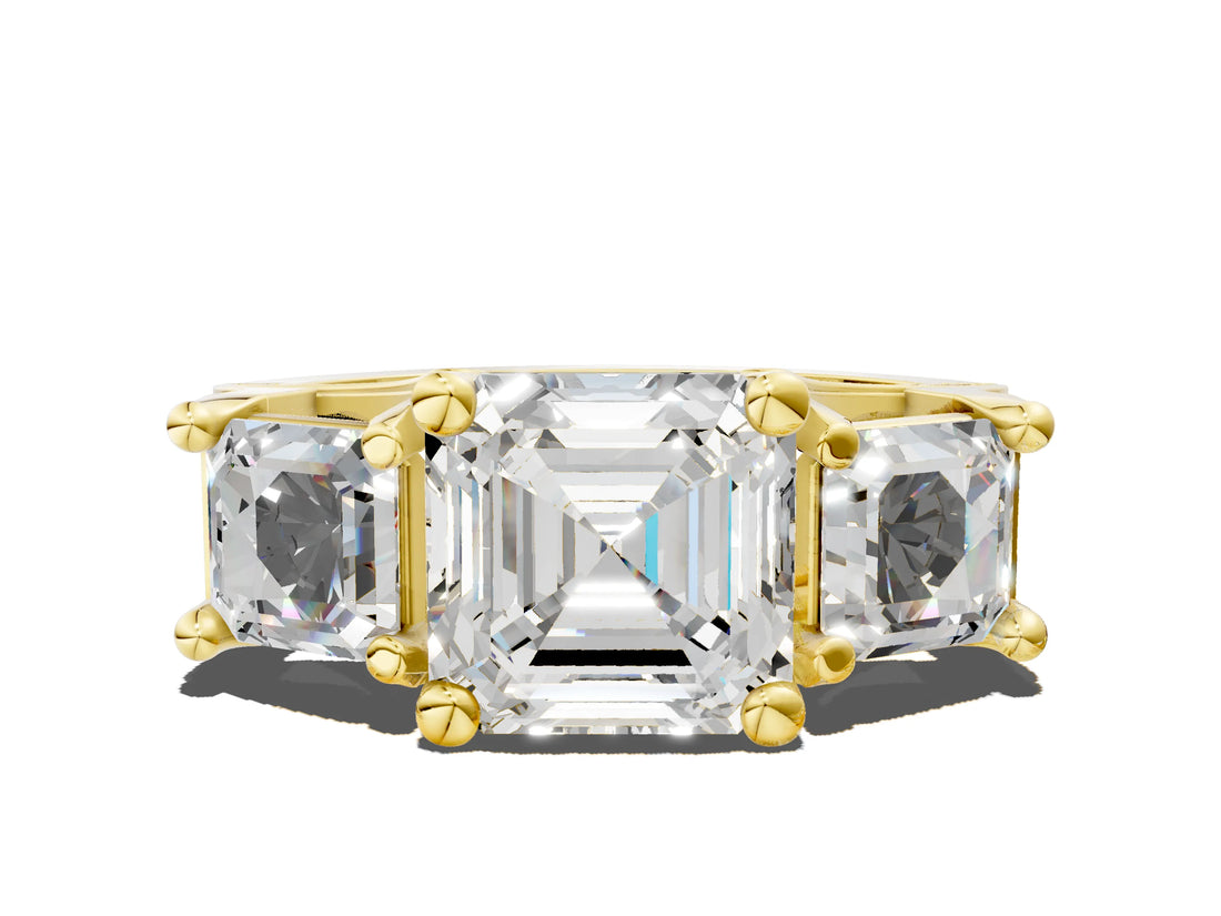 Yellow gold Asscher Cut Diamond Three-Stone Ring with Channel Set Band and Four-Prong Setting_87