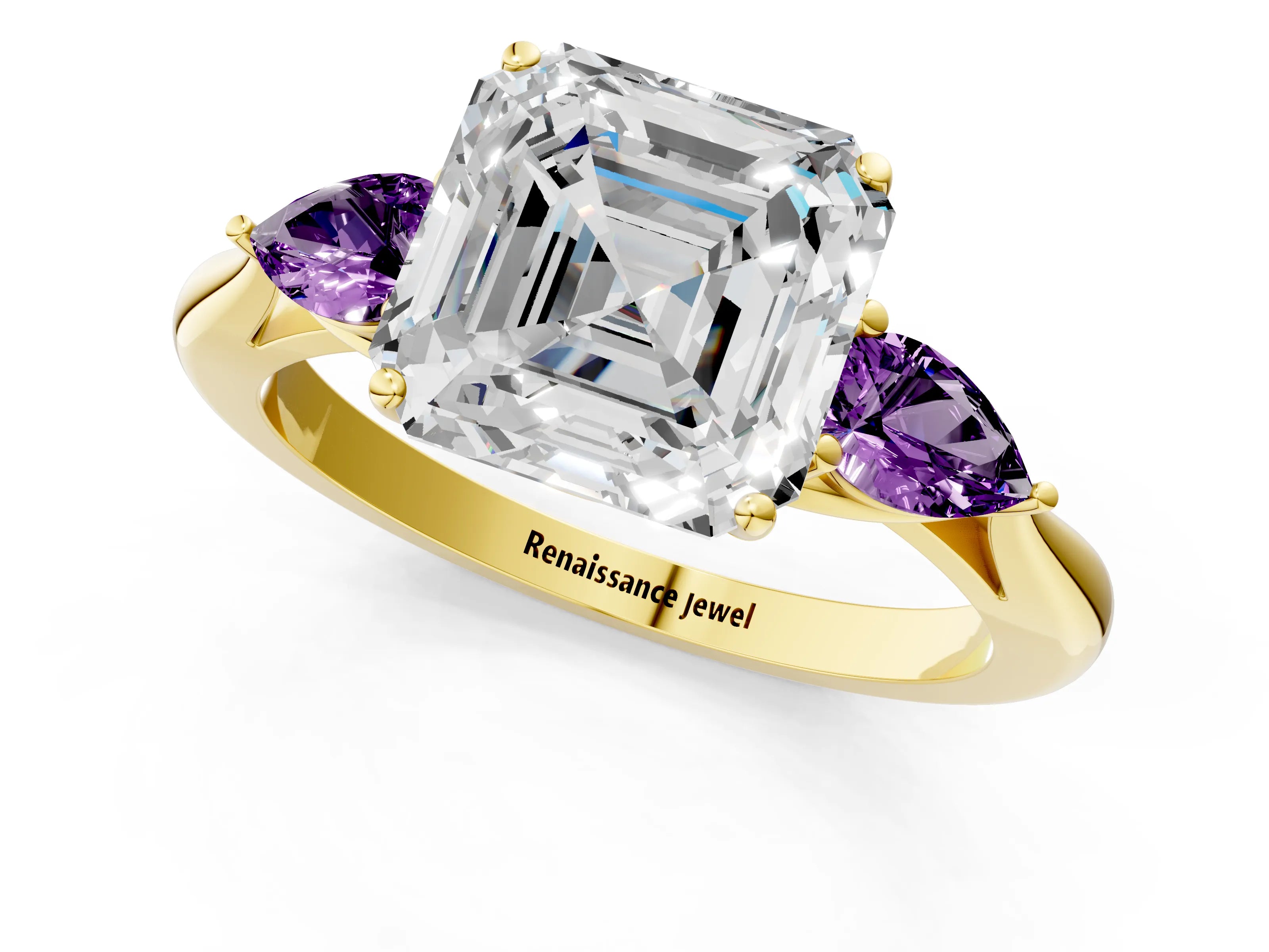 Yellow gold Asscher Cut Diamond Three-Stone Ring with Pear with Amethyst side stone Side Stones and Prong Setting_1