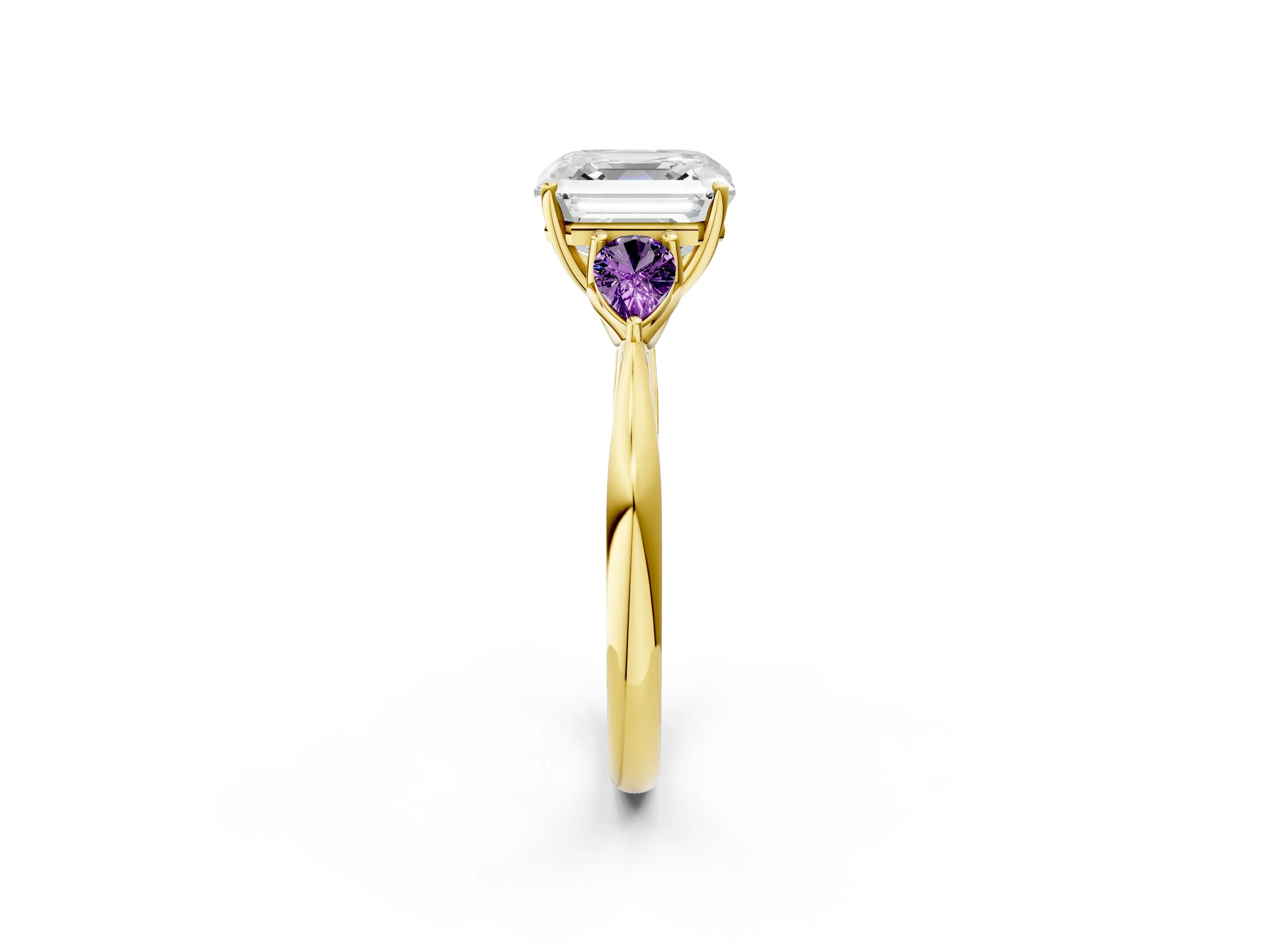 Yellow gold Asscher Cut Diamond Three-Stone Ring with Pear with Amethyst side stone Side Stones and Prong Setting_2