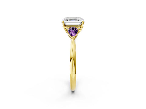 Yellow gold Asscher Cut Diamond Three-Stone Ring with Pear with Amethyst side stone Side Stones and Prong Setting_2