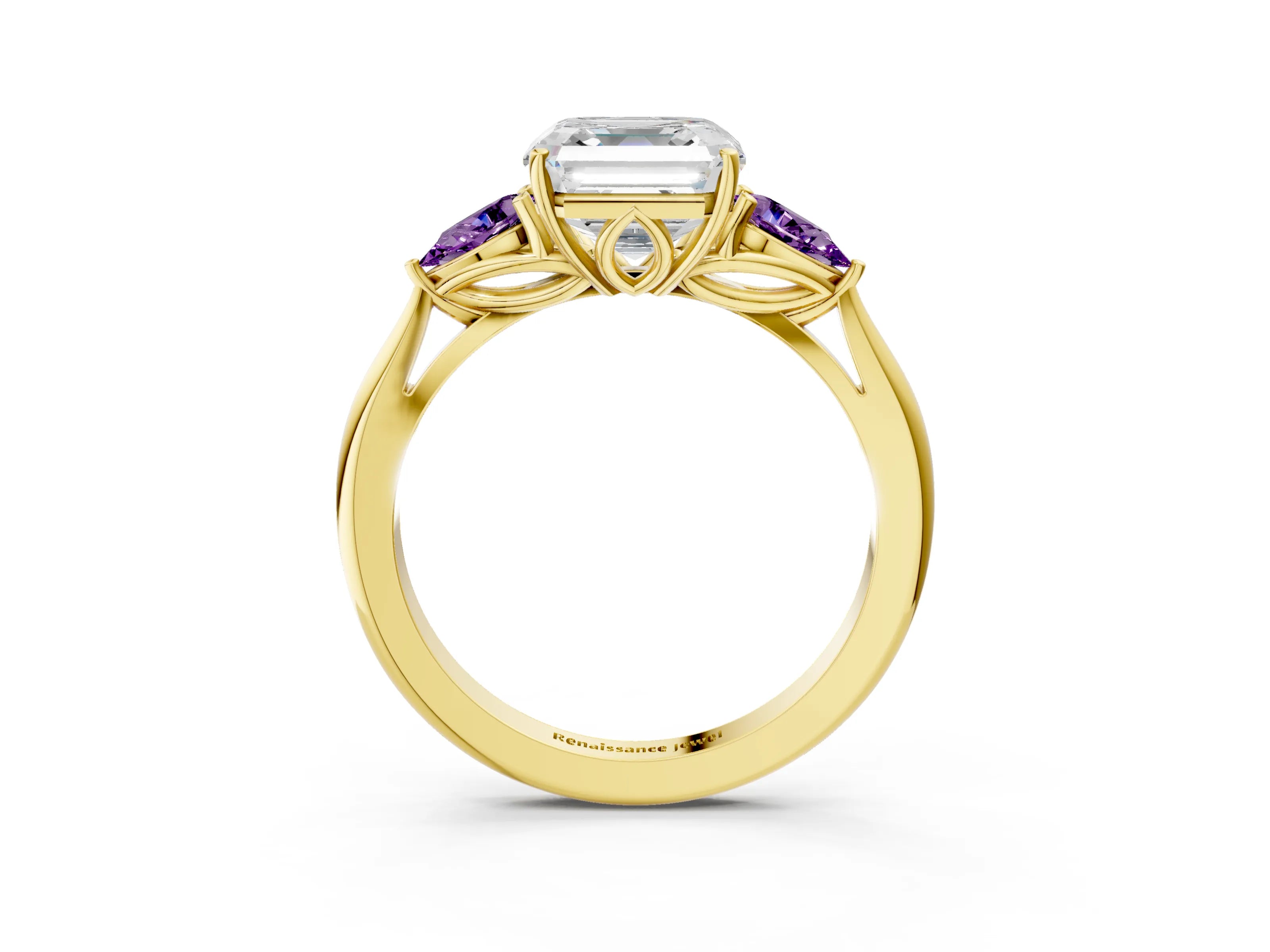 Yellow gold Asscher Cut Diamond Three-Stone Ring with Pear with Amethyst side stone Side Stones and Prong Setting_3
