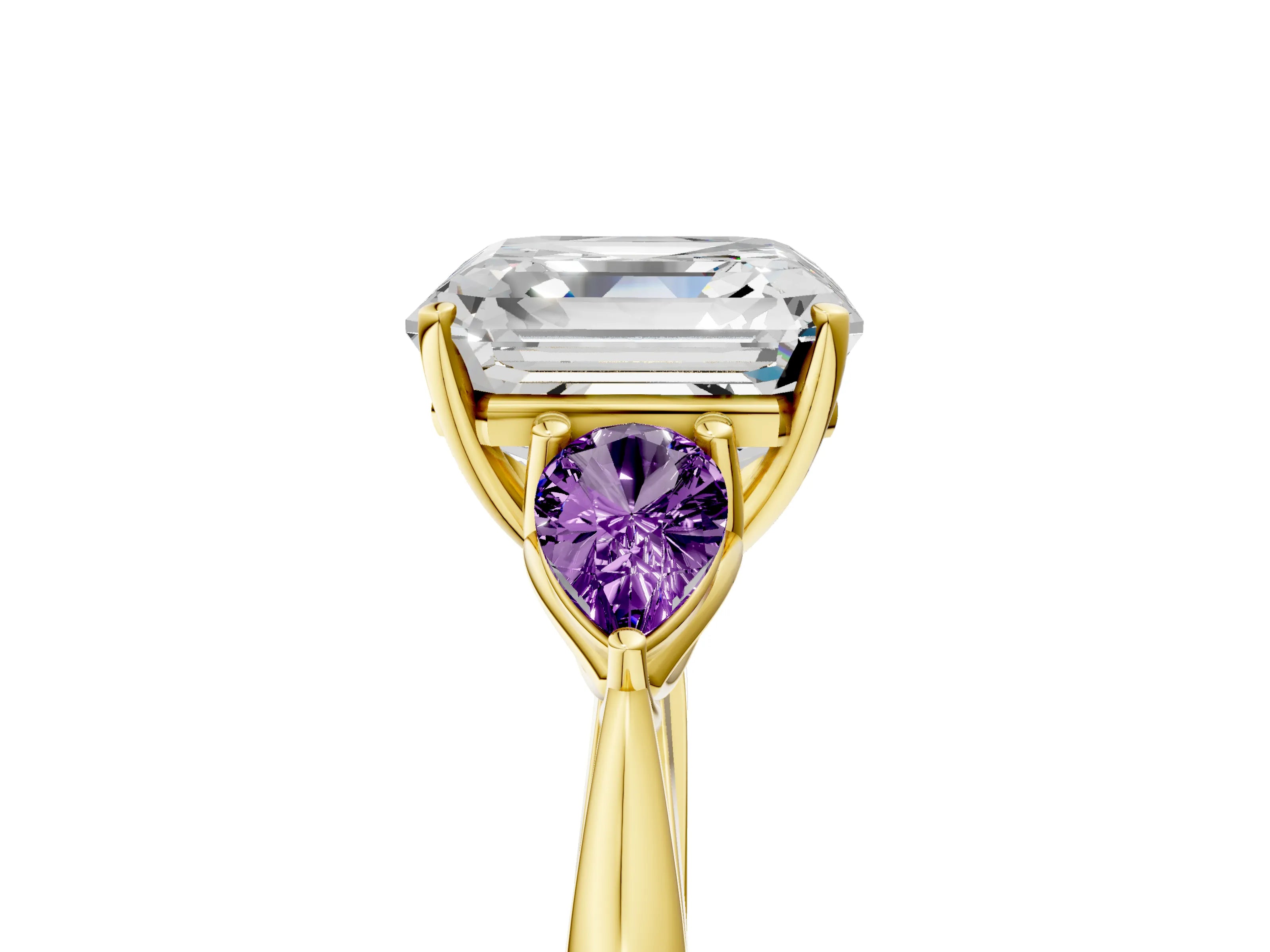 Yellow gold Asscher Cut Diamond Three-Stone Ring with Pear with Amethyst side stone Side Stones and Prong Setting_5