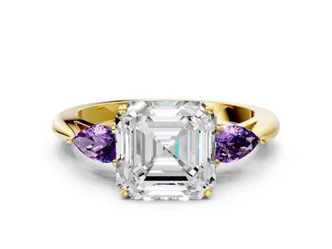 Yellow gold Asscher Cut Diamond Three-Stone Ring with Pear with Amethyst side stone Side Stones and Prong Setting