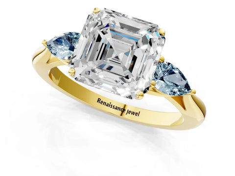 Yellow gold Asscher Cut Diamond Three-Stone Ring with Pear with Aquamarine side stone Side Stones and Prong Setting_1