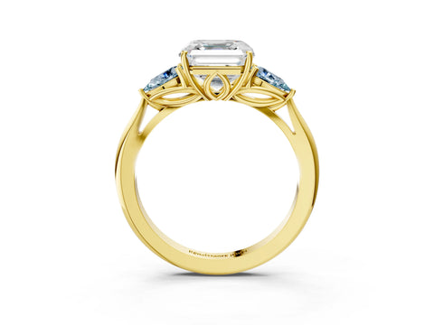 Yellow gold Asscher Cut Diamond Three-Stone Ring with Pear with Aquamarine side stone Side Stones and Prong Setting_3