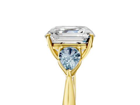 Yellow gold Asscher Cut Diamond Three-Stone Ring with Pear with Aquamarine side stone Side Stones and Prong Setting_5