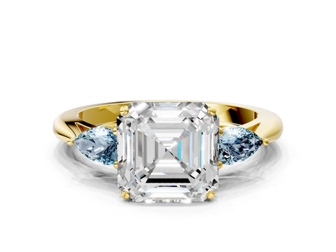 Yellow gold Asscher Cut Diamond Three-Stone Ring with Pear with Aquamarine side stone Side Stones and Prong Setting