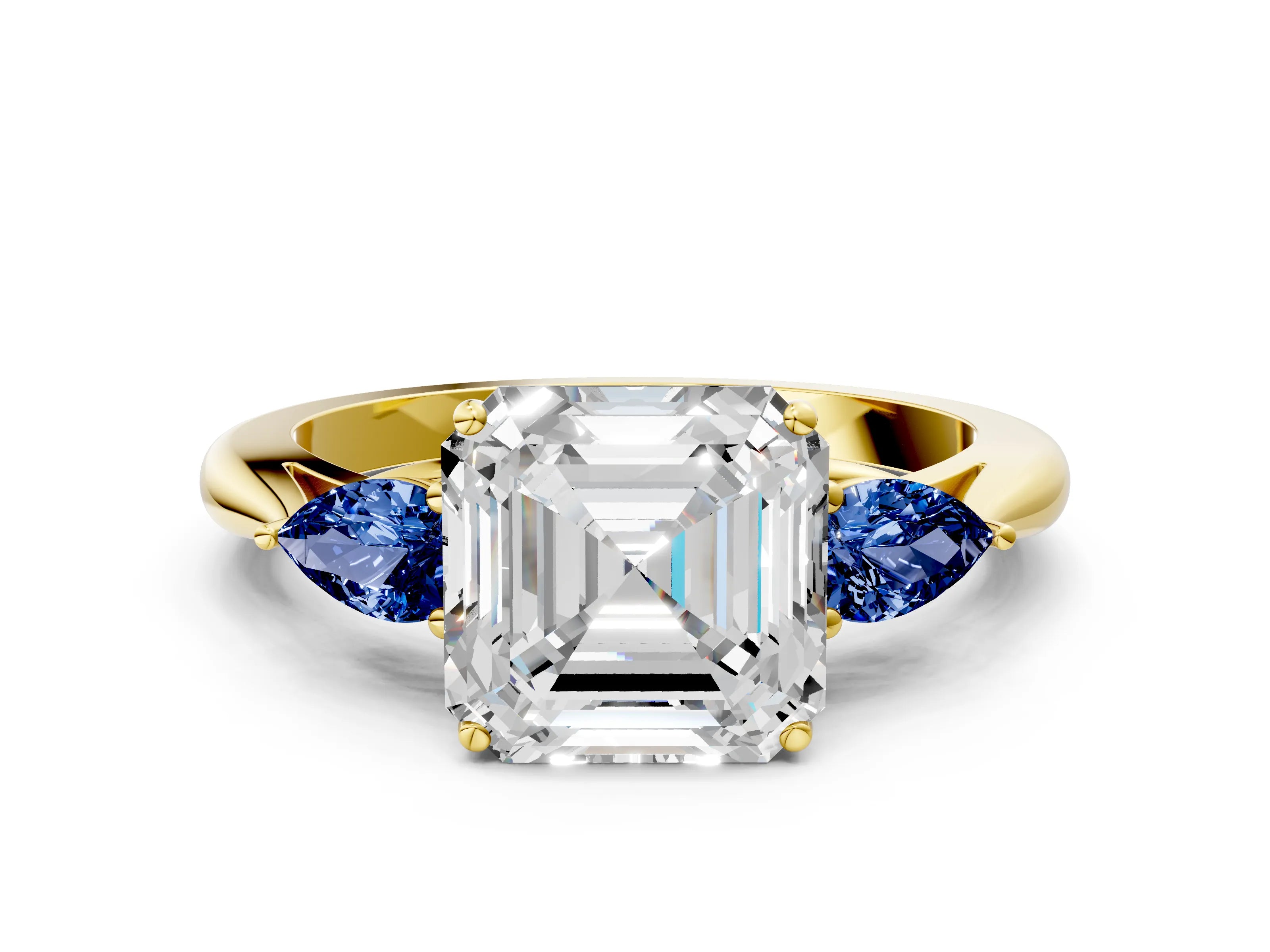 Yellow gold Asscher Cut Diamond Three-Stone Ring with Pear with Blue Sapphire side stone Side Stones and Prong Setting