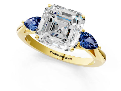 Yellow gold Asscher Cut Diamond Three-Stone Ring with Pear with Blue Sapphire side stone Side Stones and Prong Setting_1