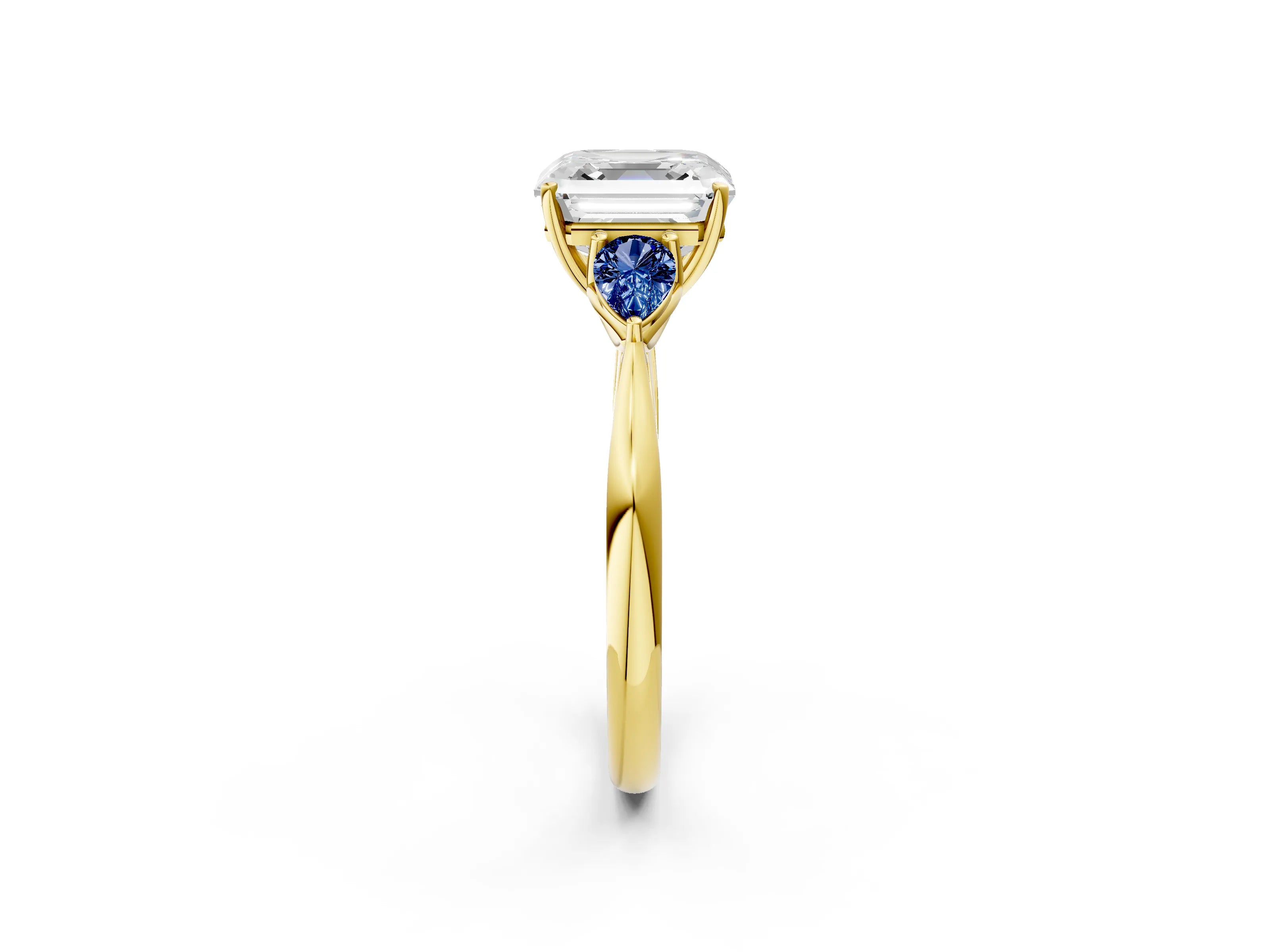 Yellow gold Asscher Cut Diamond Three-Stone Ring with Pear with Blue Sapphire side stone Side Stones and Prong Setting_2