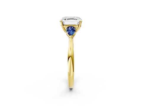 Yellow gold Asscher Cut Diamond Three-Stone Ring with Pear with Blue Sapphire side stone Side Stones and Prong Setting_2