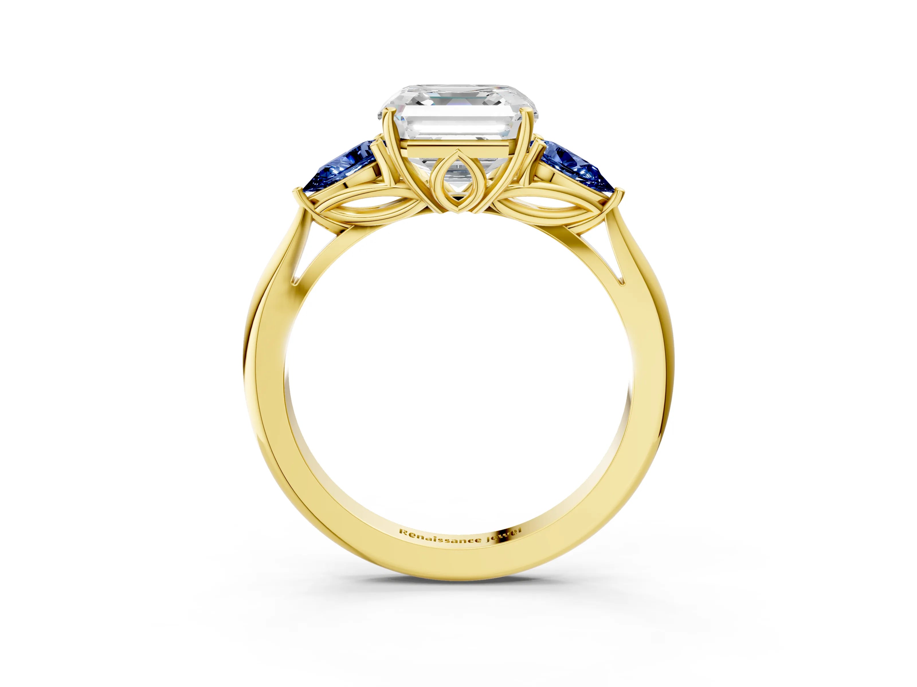 Yellow gold Asscher Cut Diamond Three-Stone Ring with Pear with Blue Sapphire side stone Side Stones and Prong Setting_3