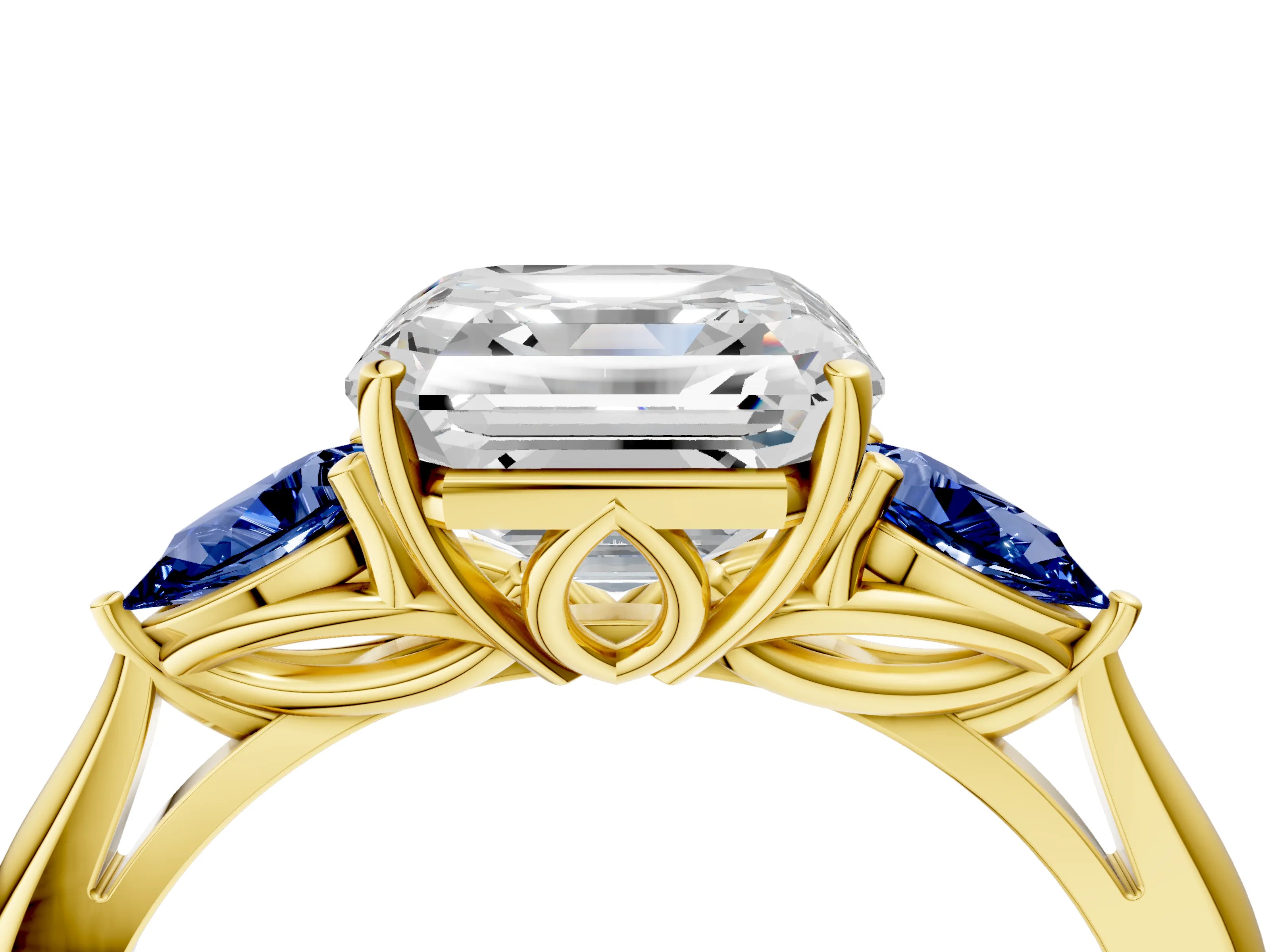 Yellow gold Asscher Cut Diamond Three-Stone Ring with Pear with Blue Sapphire side stone Side Stones and Prong Setting_4