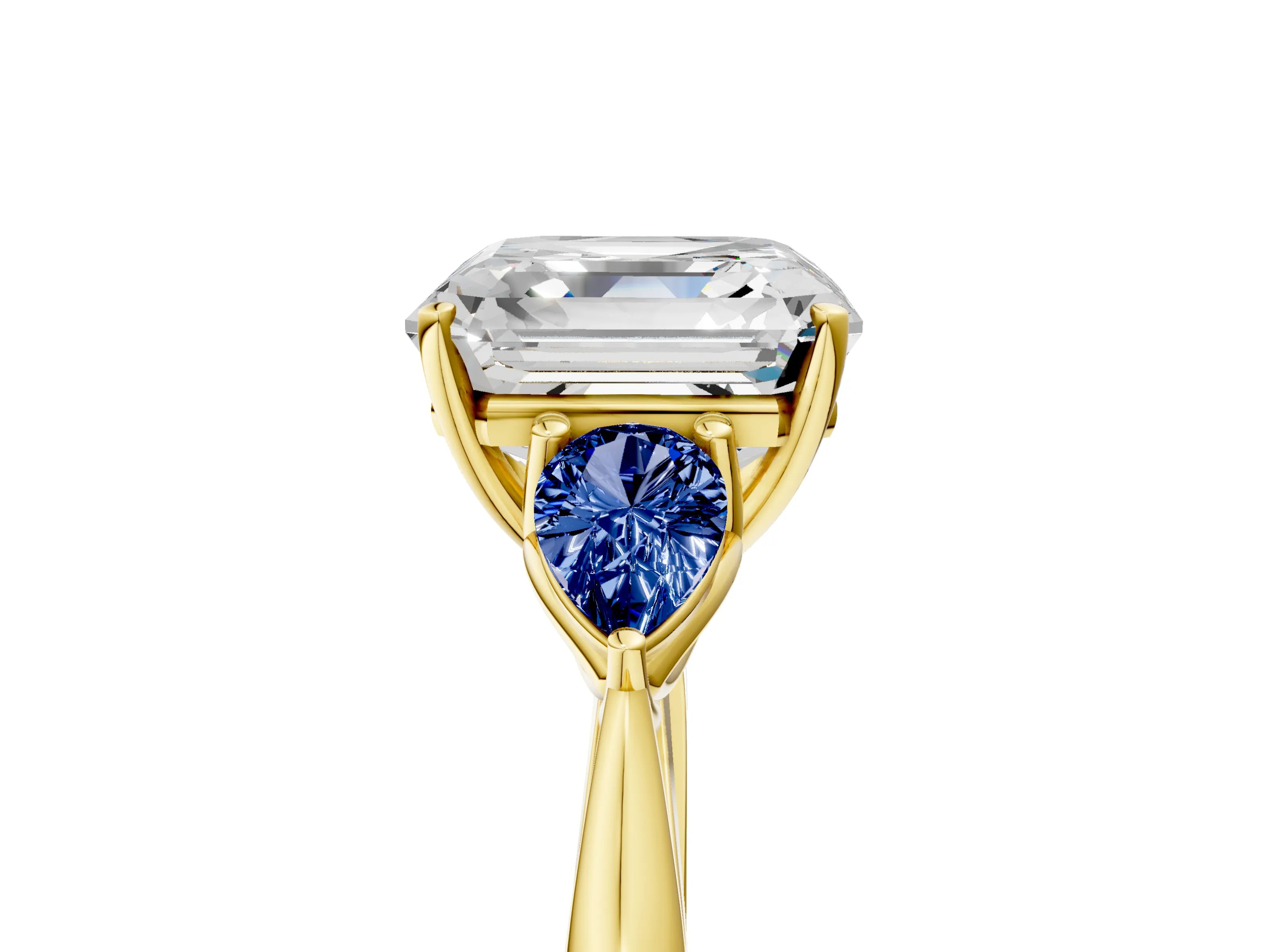 Yellow gold Asscher Cut Diamond Three-Stone Ring with Pear with Blue Sapphire side stone Side Stones and Prong Setting_5