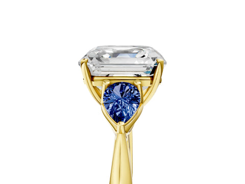Yellow gold Asscher Cut Diamond Three-Stone Ring with Pear with Blue Sapphire side stone Side Stones and Prong Setting_5