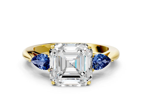 Yellow gold Asscher Cut Diamond Three-Stone Ring with Pear with Blue Sapphire side stone Side Stones and Prong Setting