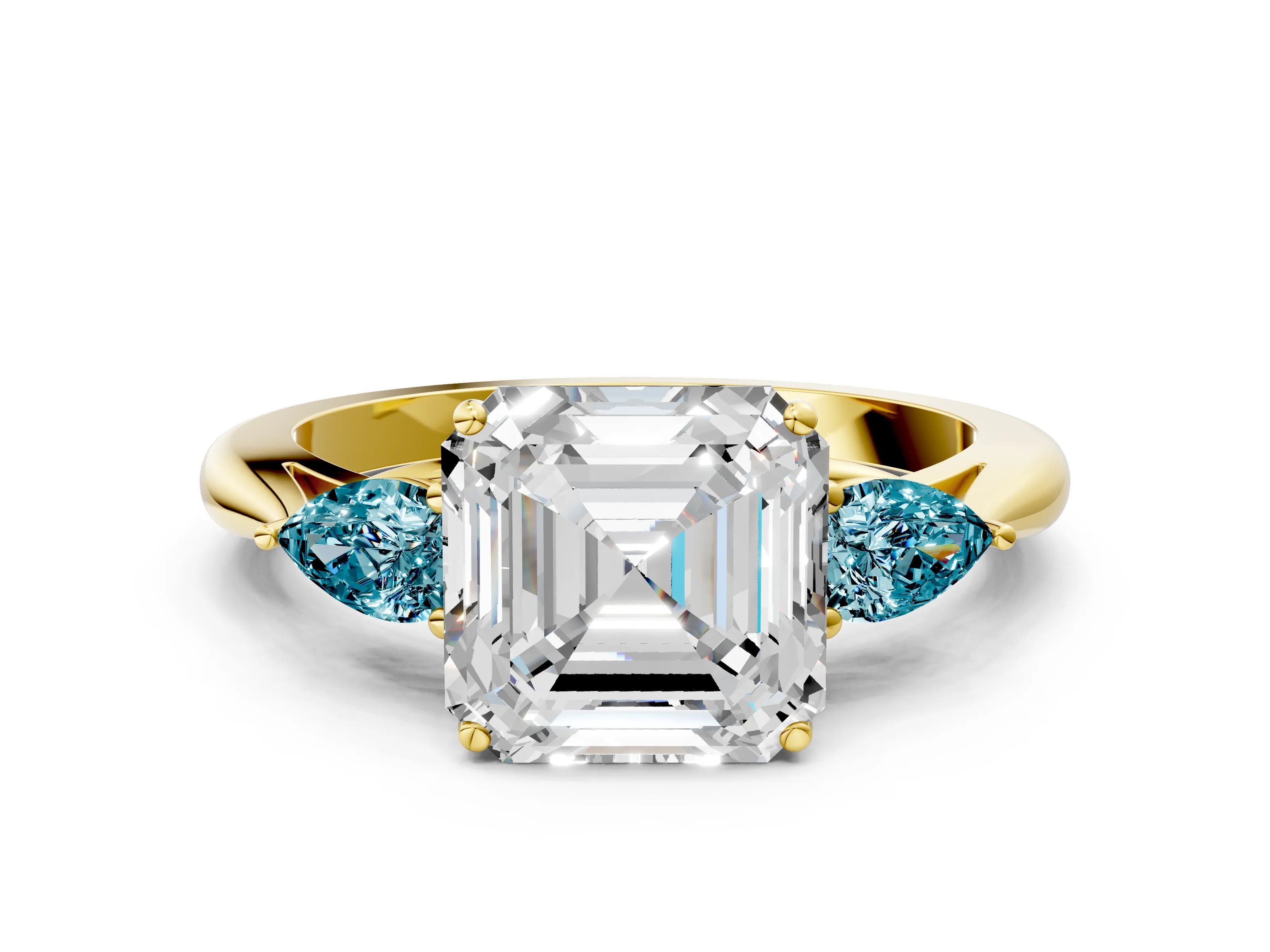 Yellow gold Asscher Cut Diamond Three-Stone Ring with Pear with Blue Topaz side stone Side Stones and Prong Setting