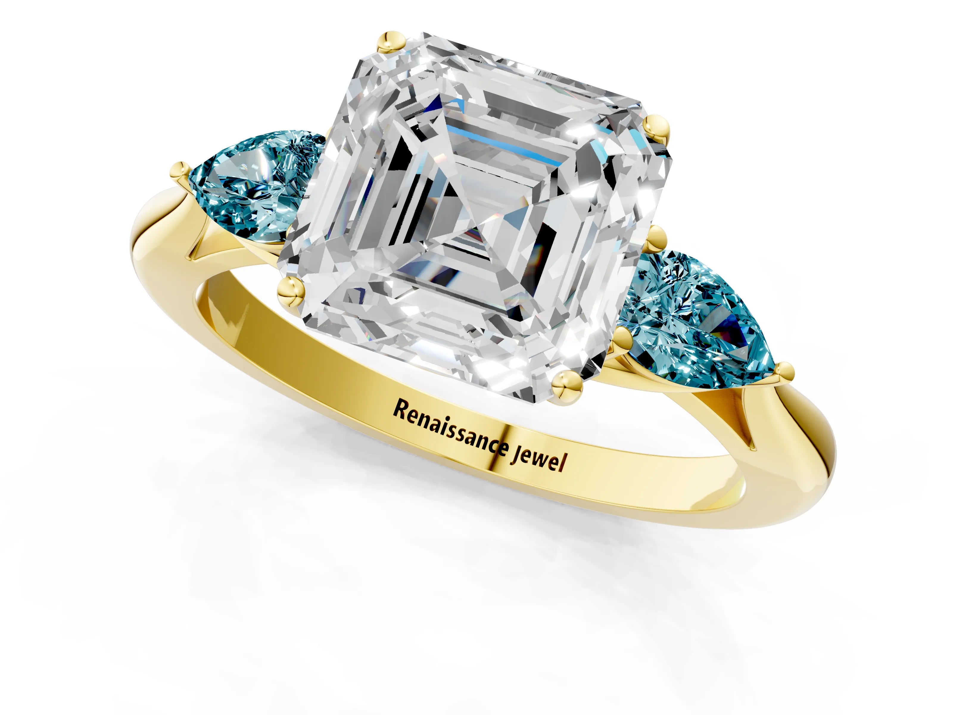 Yellow gold Asscher Cut Diamond Three-Stone Ring with Pear with Blue Topaz side stone Side Stones and Prong Setting_1