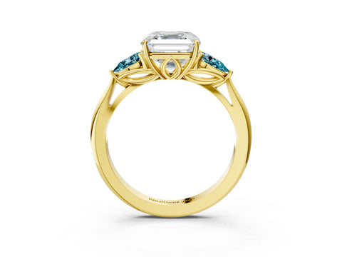 Yellow gold Asscher Cut Diamond Three-Stone Ring with Pear with Blue Topaz side stone Side Stones and Prong Setting_3