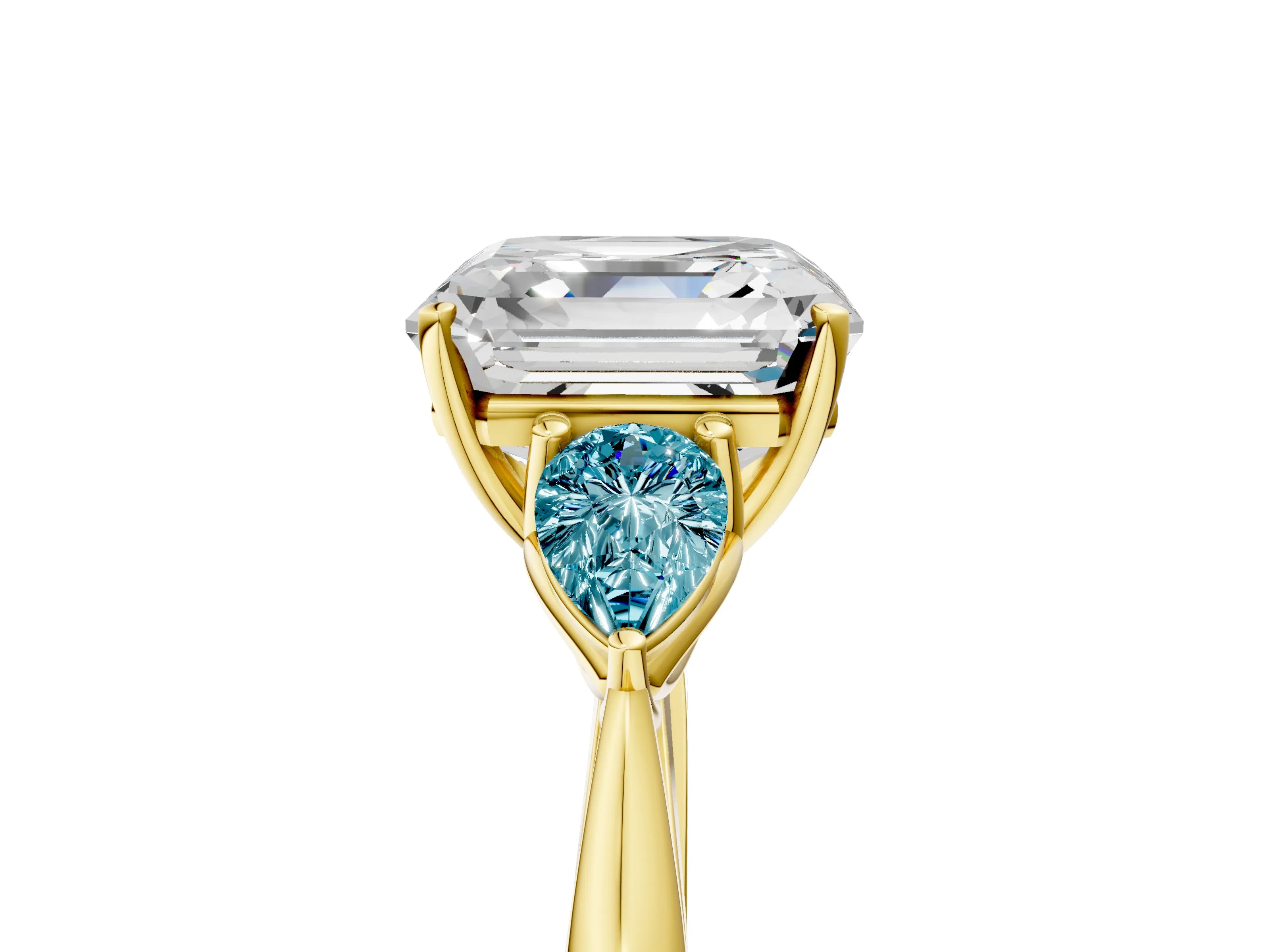 Yellow gold Asscher Cut Diamond Three-Stone Ring with Pear with Blue Topaz side stone Side Stones and Prong Setting_5