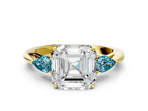 Yellow gold Asscher Cut Diamond Three-Stone Ring with Pear with Blue Topaz side stone Side Stones and Prong Setting