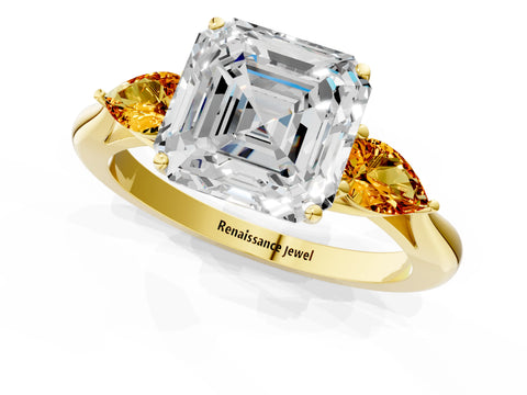 Yellow gold Asscher Cut Diamond Three-Stone Ring with Pear with Citrine side stone Side Stones and Prong Setting_1