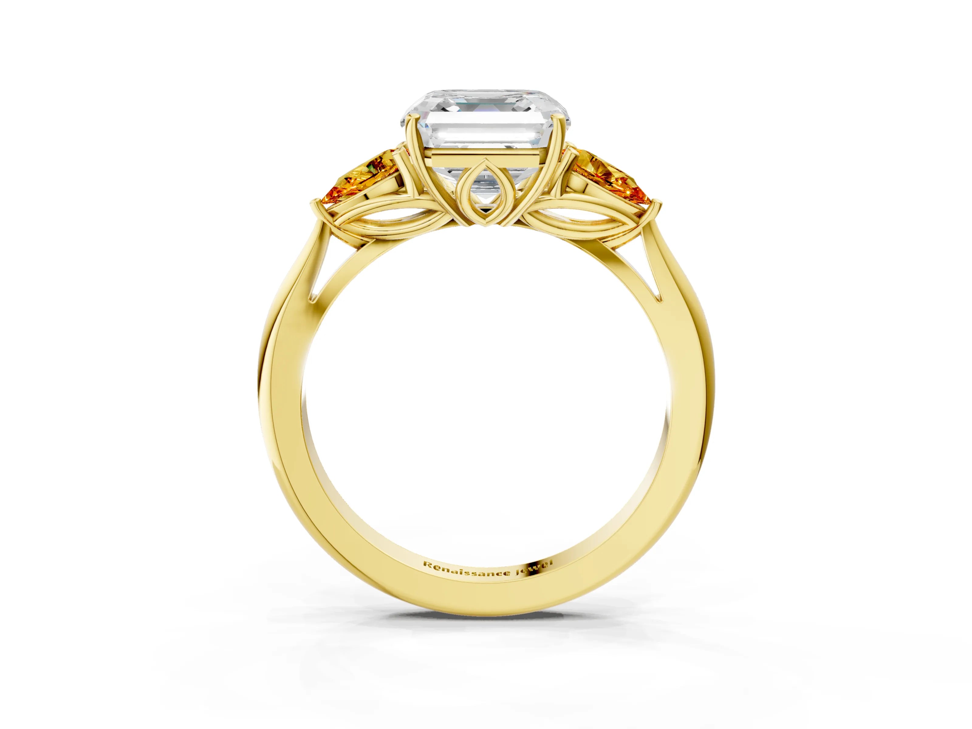 Yellow gold Asscher Cut Diamond Three-Stone Ring with Pear with Citrine side stone Side Stones and Prong Setting_3