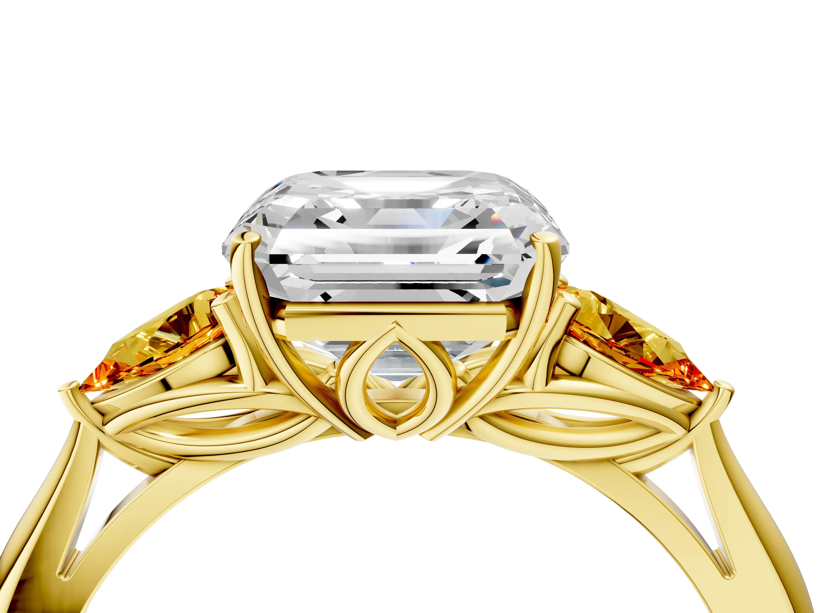 Yellow gold Asscher Cut Diamond Three-Stone Ring with Pear with Citrine side stone Side Stones and Prong Setting_4