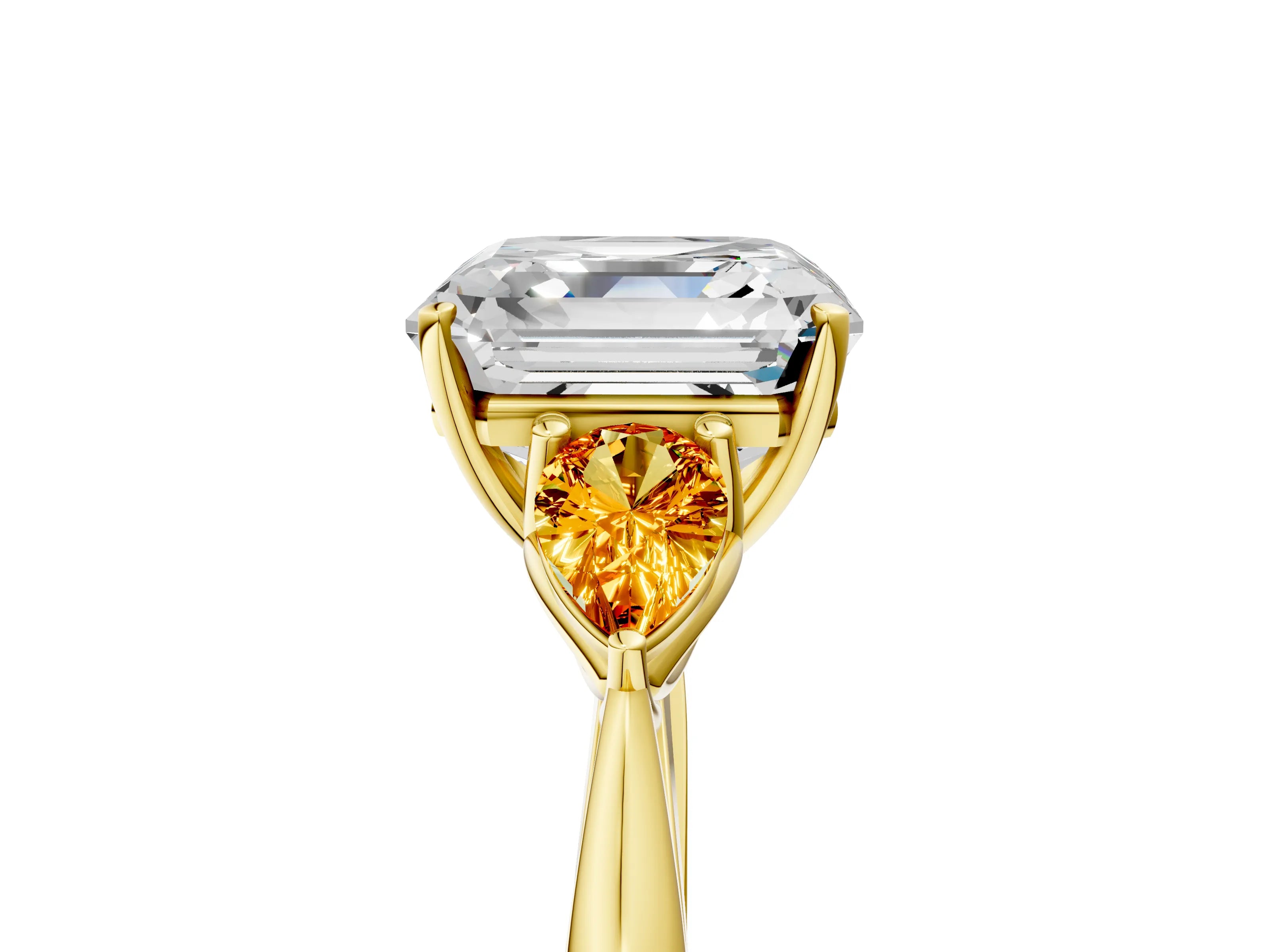 Yellow gold Asscher Cut Diamond Three-Stone Ring with Pear with Citrine side stone Side Stones and Prong Setting_5