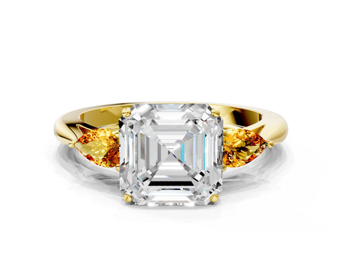 Yellow gold Asscher Cut Diamond Three-Stone Ring with Pear with Citrine side stone Side Stones and Prong Setting