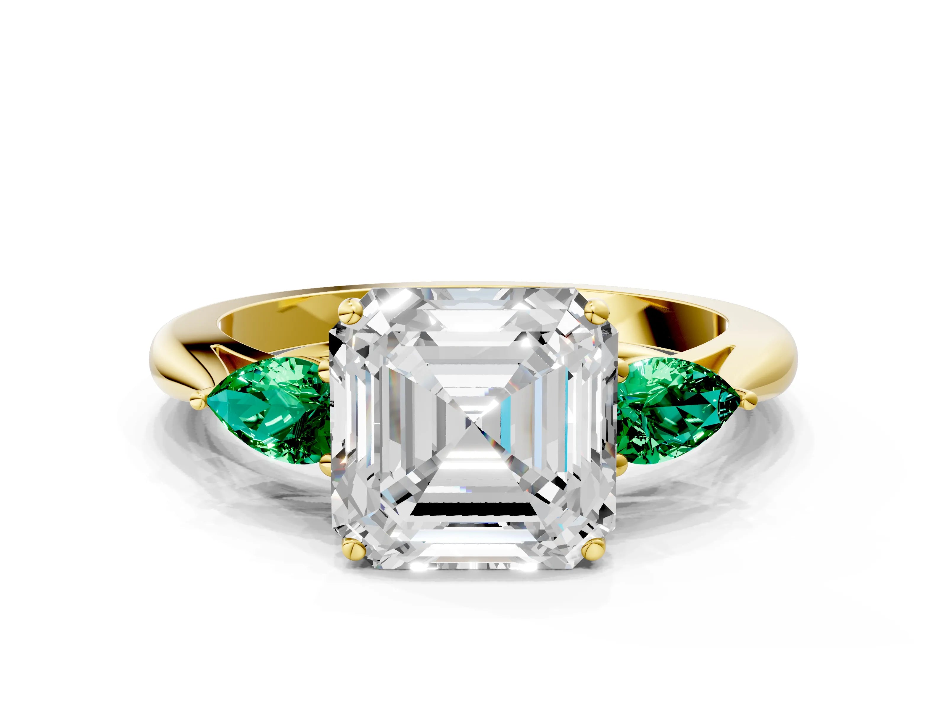 Yellow gold Asscher Cut Diamond Three-Stone Ring with Pear with Emerald side stone Side Stones and Prong Setting