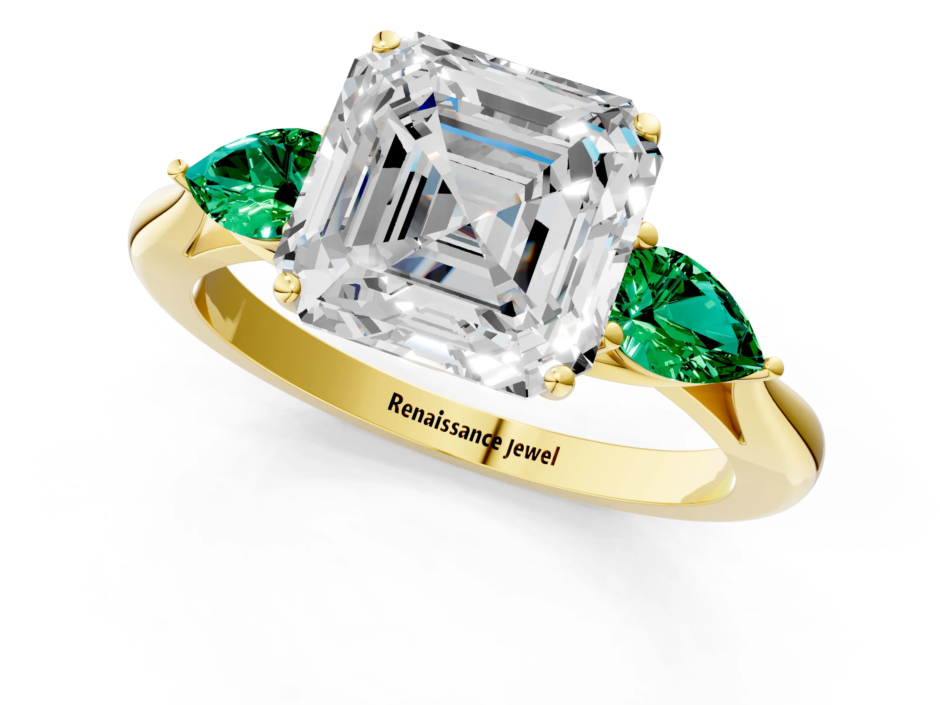 Yellow gold Asscher Cut Diamond Three-Stone Ring with Pear with Emerald side stone Side Stones and Prong Setting_1
