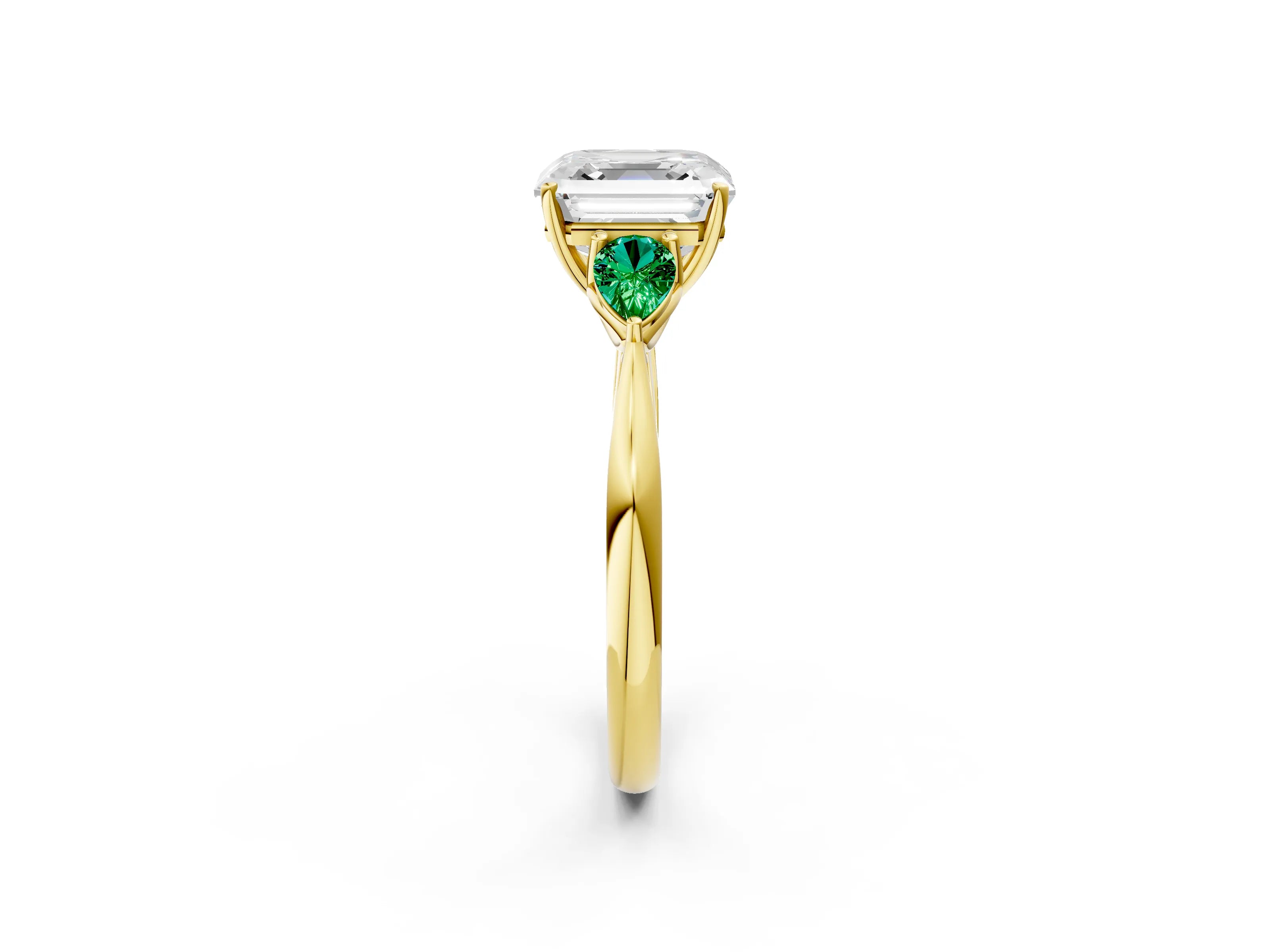 Yellow gold Asscher Cut Diamond Three-Stone Ring with Pear with Emerald side stone Side Stones and Prong Setting_2