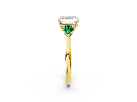 Yellow gold Asscher Cut Diamond Three-Stone Ring with Pear with Emerald side stone Side Stones and Prong Setting_2