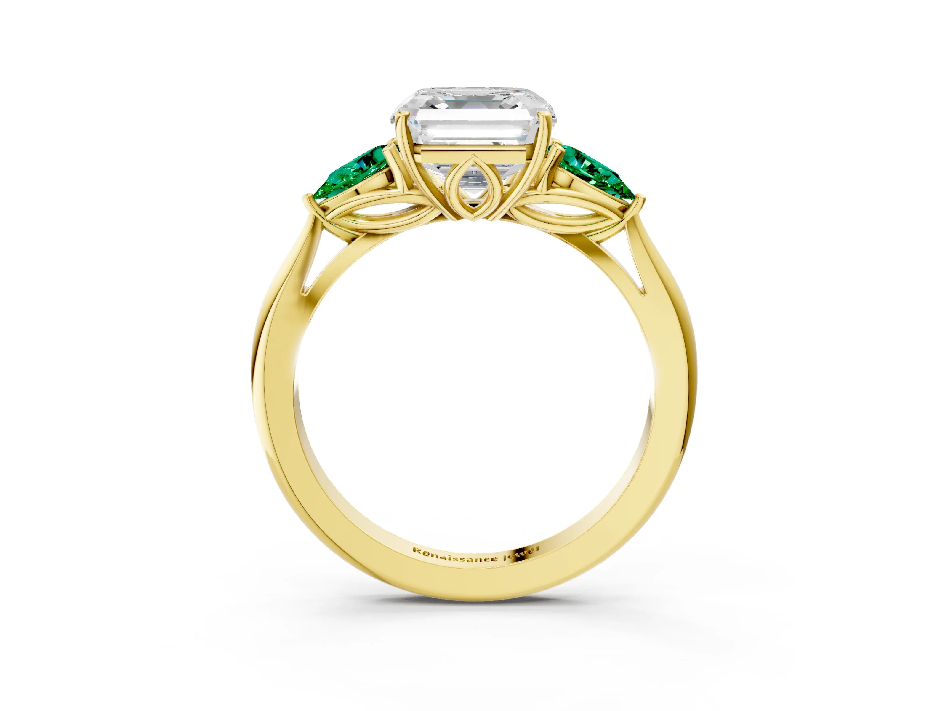Yellow gold Asscher Cut Diamond Three-Stone Ring with Pear with Emerald side stone Side Stones and Prong Setting_3