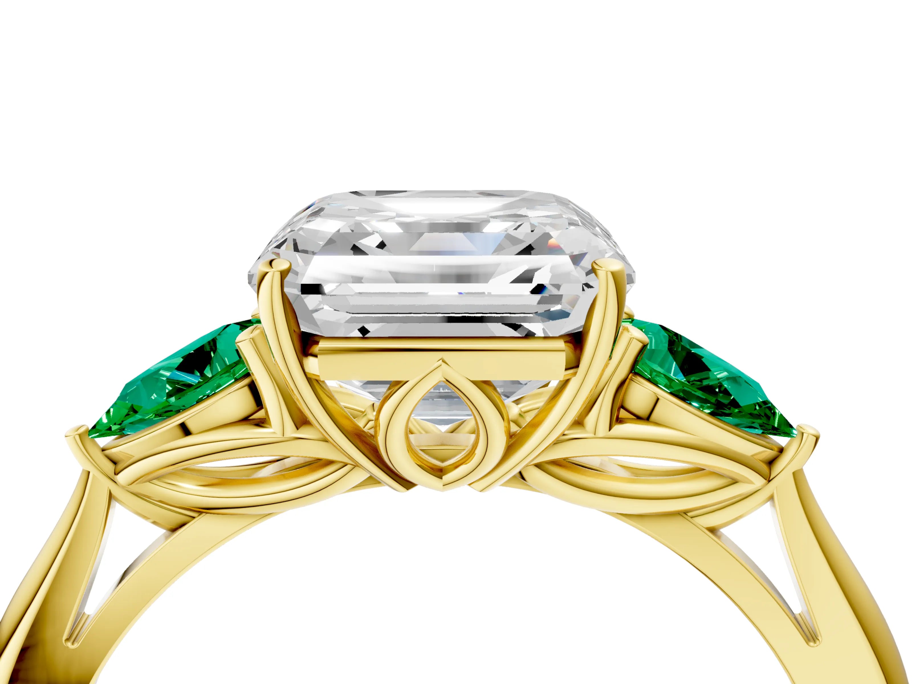 Yellow gold Asscher Cut Diamond Three-Stone Ring with Pear with Emerald side stone Side Stones and Prong Setting_4