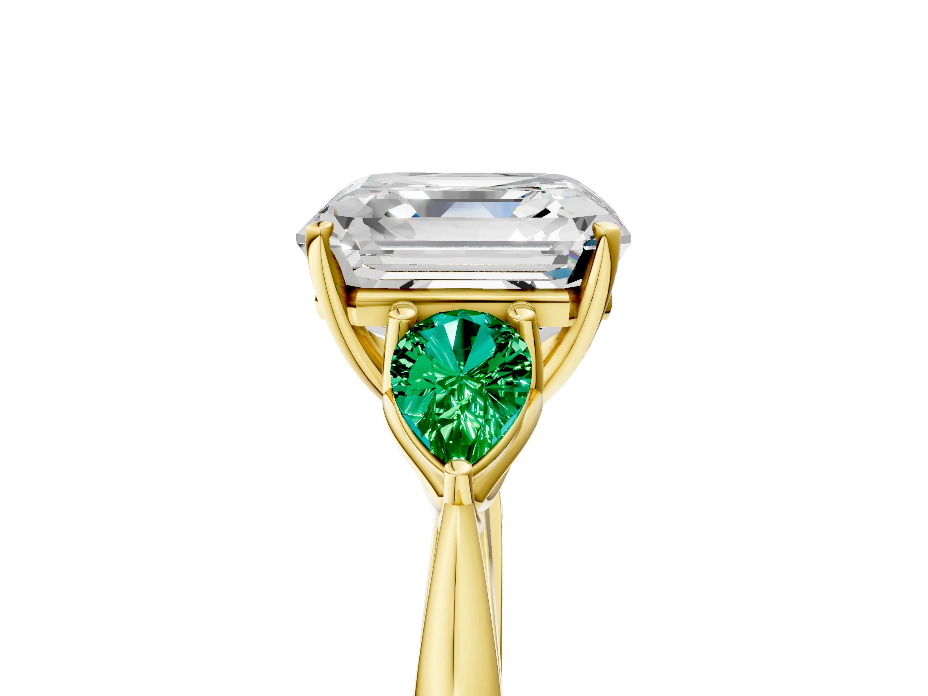 Yellow gold Asscher Cut Diamond Three-Stone Ring with Pear with Emerald side stone Side Stones and Prong Setting_5