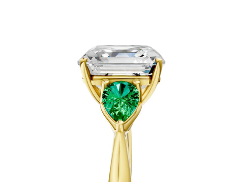 Yellow gold Asscher Cut Diamond Three-Stone Ring with Pear with Emerald side stone Side Stones and Prong Setting_5
