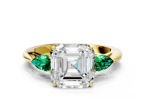 Yellow gold Asscher Cut Diamond Three-Stone Ring with Pear with Emerald side stone Side Stones and Prong Setting
