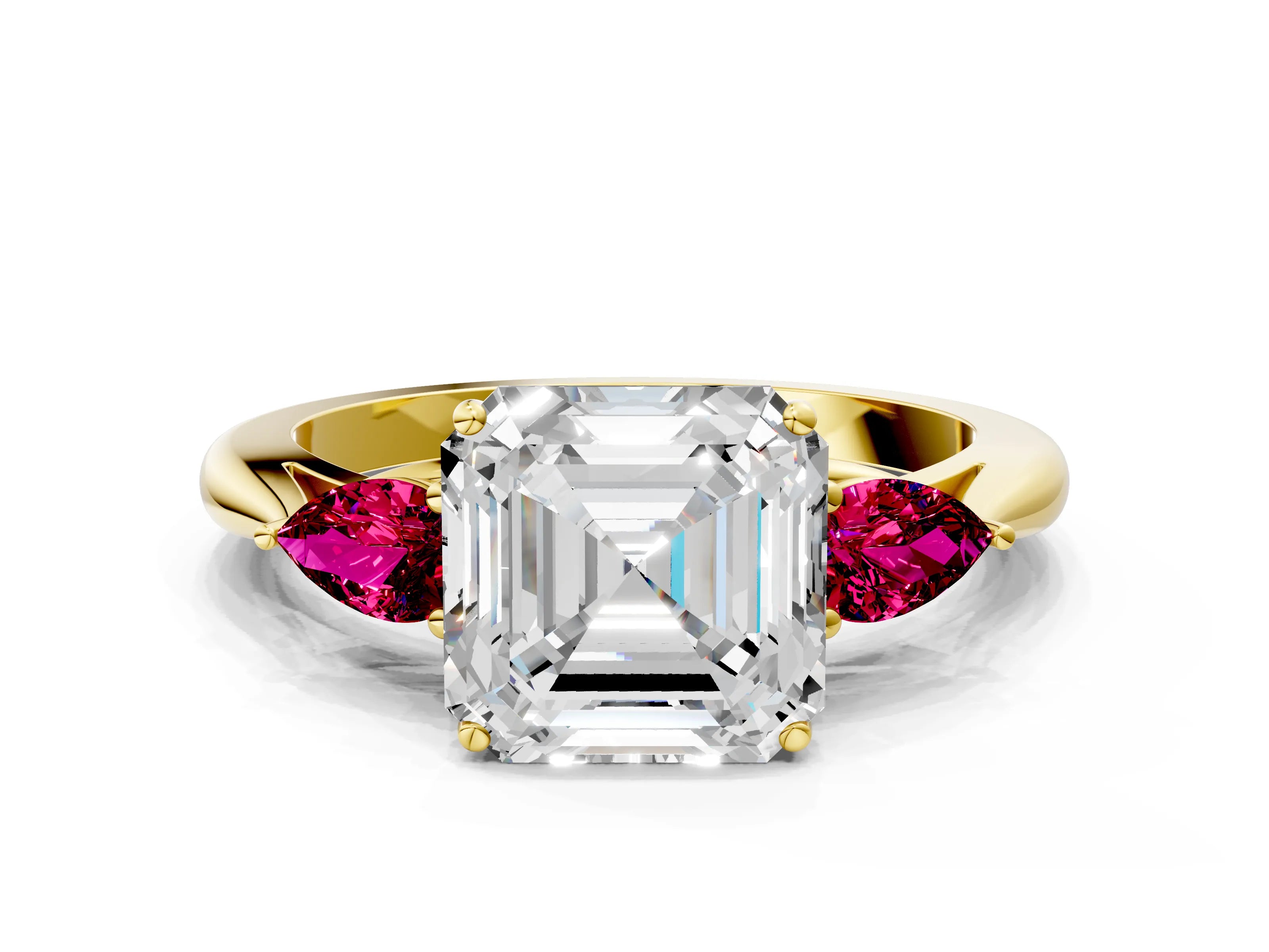 Yellow gold Asscher Cut Diamond Three-Stone Ring with Pear with Garnet side stone Side Stones and Prong Setting