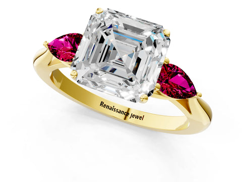 Yellow gold Asscher Cut Diamond Three-Stone Ring with Pear with Garnet side stone Side Stones and Prong Setting_1