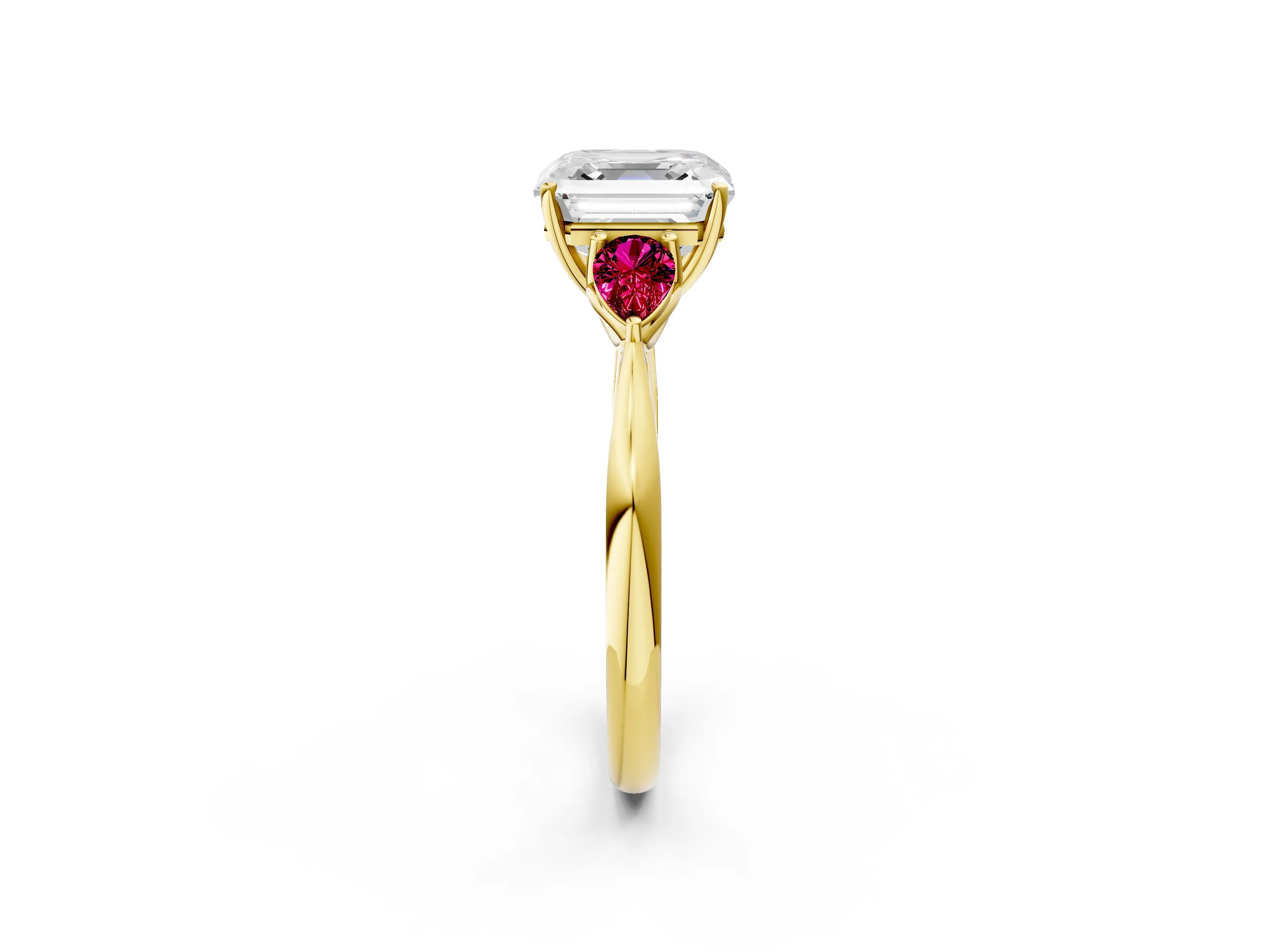 Yellow gold Asscher Cut Diamond Three-Stone Ring with Pear with Garnet side stone Side Stones and Prong Setting_2