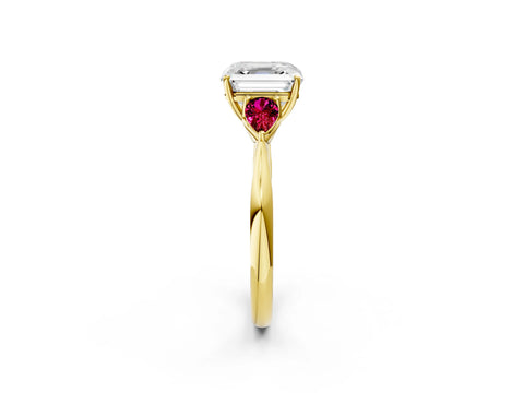 Yellow gold Asscher Cut Diamond Three-Stone Ring with Pear with Garnet side stone Side Stones and Prong Setting_2