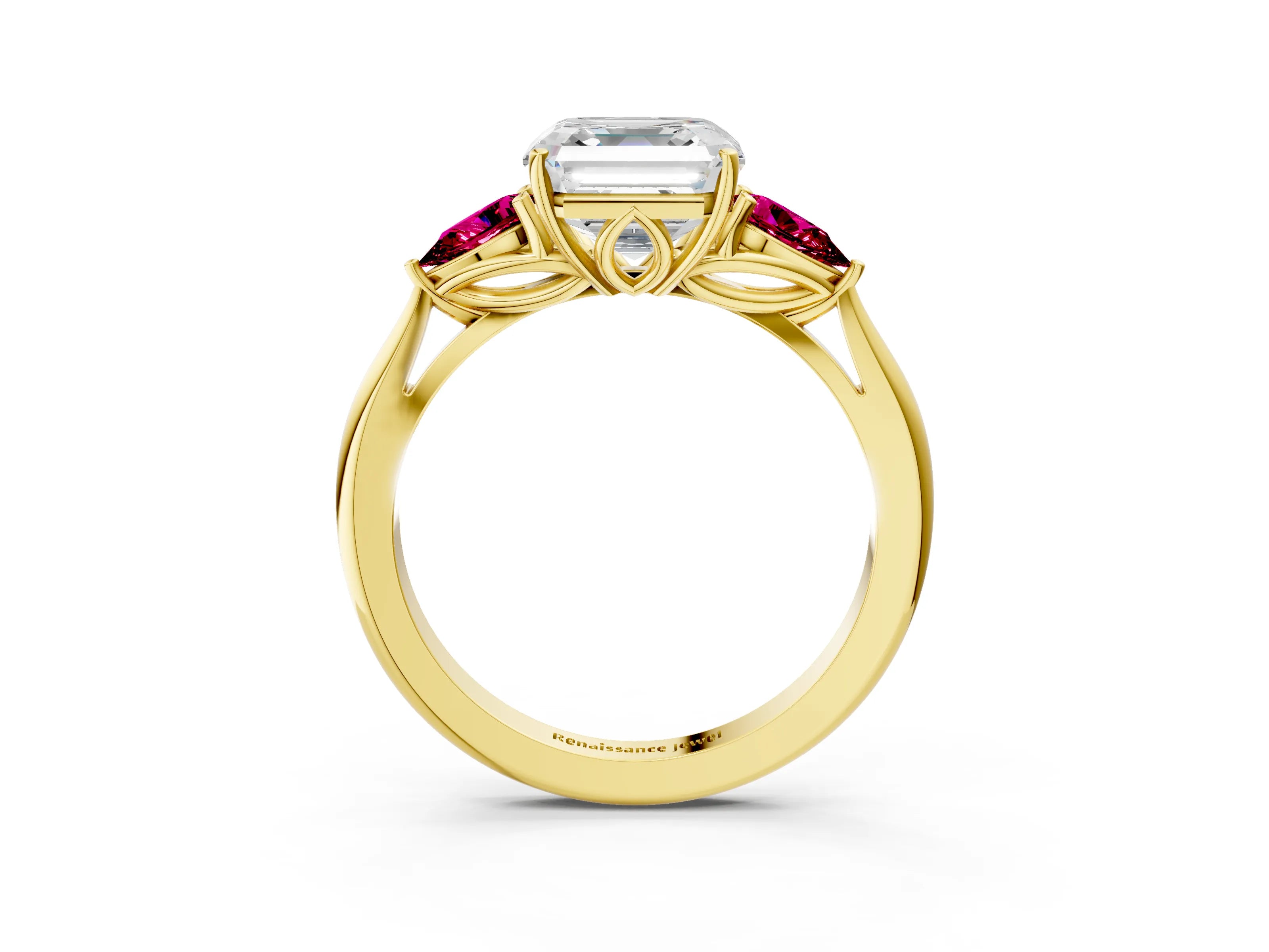Yellow gold Asscher Cut Diamond Three-Stone Ring with Pear with Garnet side stone Side Stones and Prong Setting_3