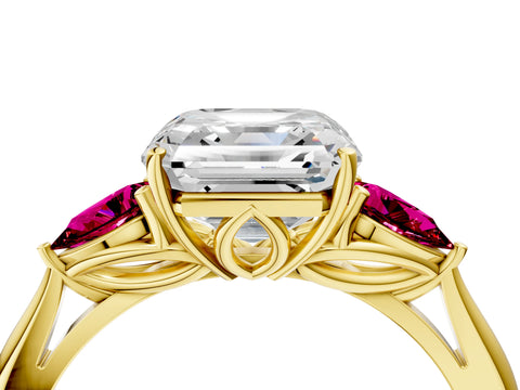 Yellow gold Asscher Cut Diamond Three-Stone Ring with Pear with Garnet side stone Side Stones and Prong Setting_4