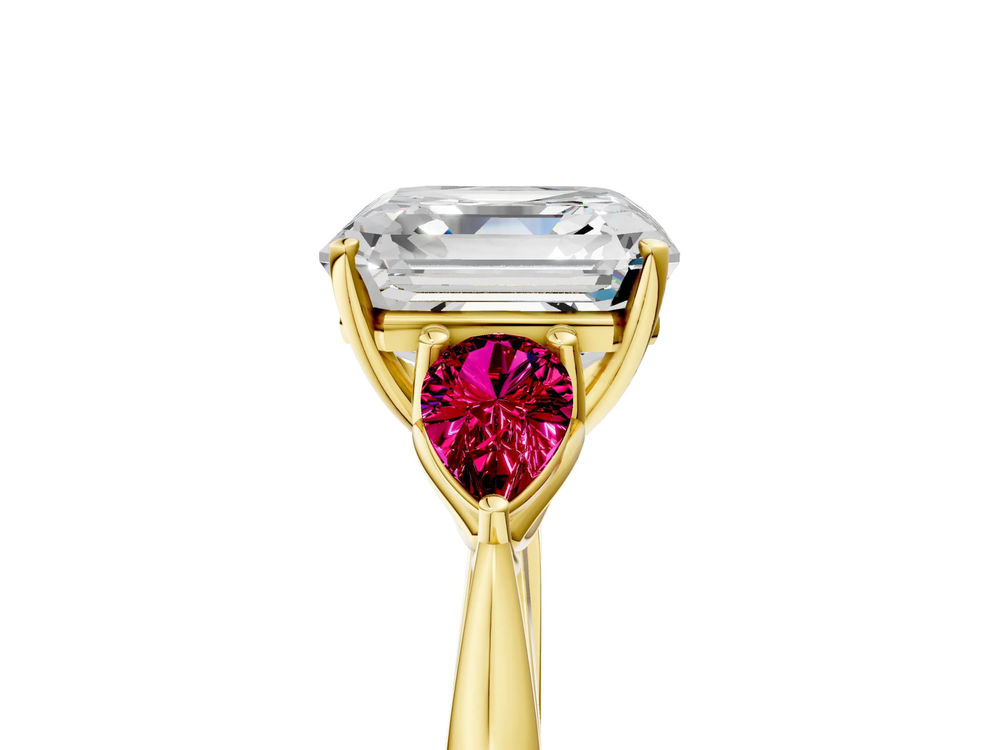 Yellow gold Asscher Cut Diamond Three-Stone Ring with Pear with Garnet side stone Side Stones and Prong Setting_5
