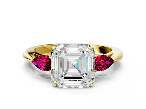 Yellow gold Asscher Cut Diamond Three-Stone Ring with Pear with Garnet side stone Side Stones and Prong Setting