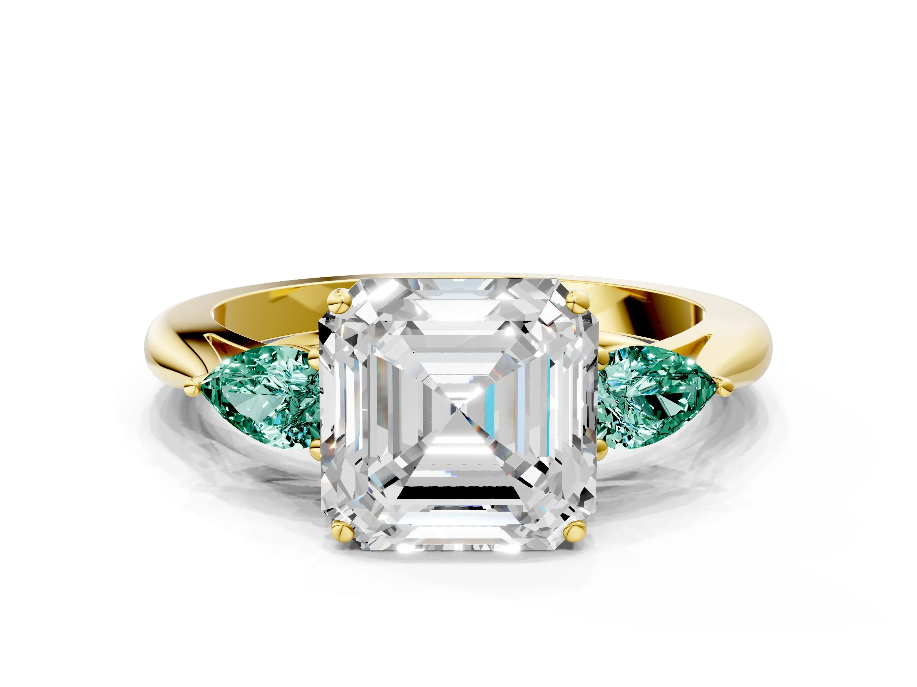 Yellow gold Asscher Cut Diamond Three-Stone Ring with Pear with Green Sapphire side stone Side Stones and Prong Setting