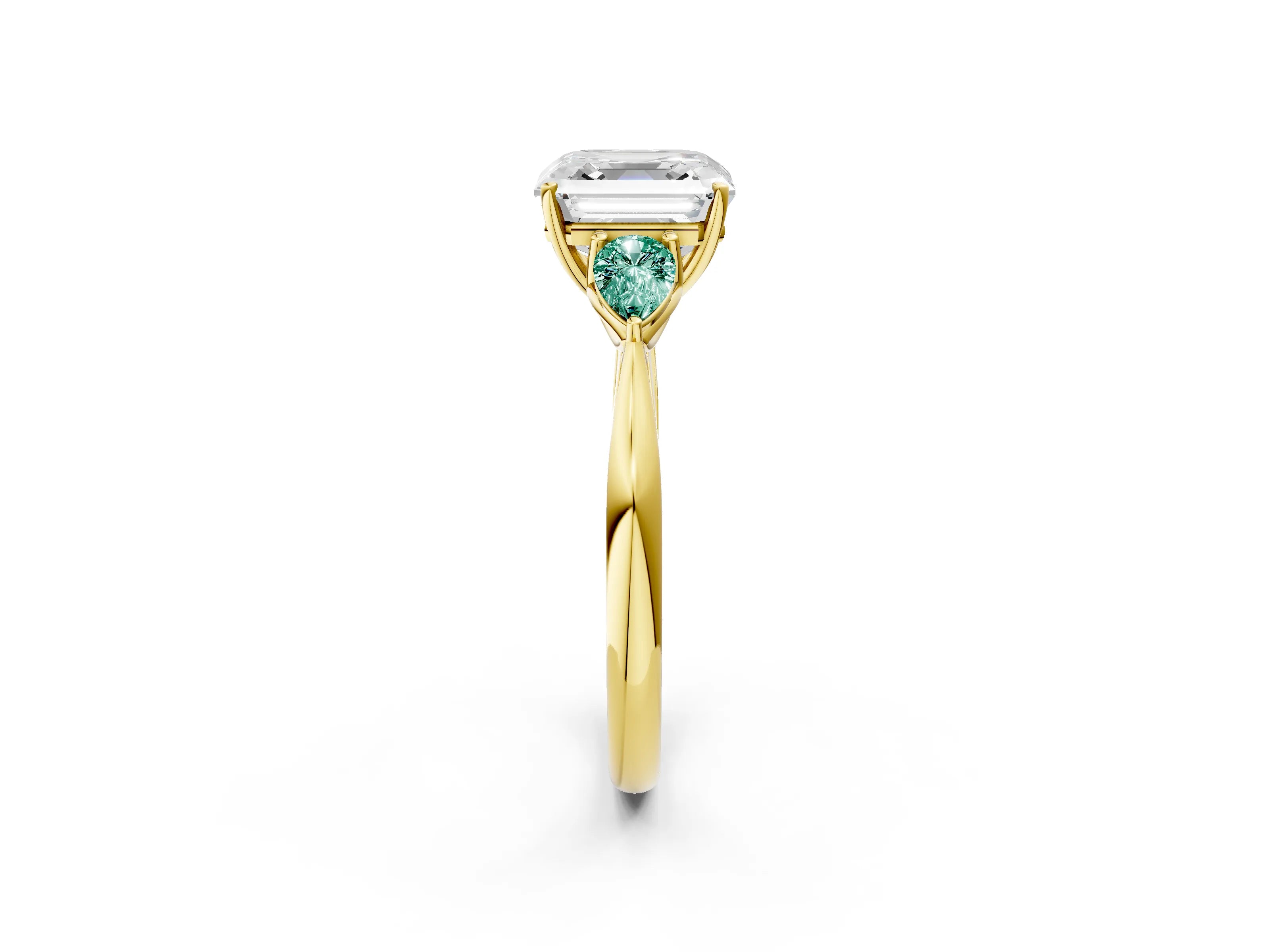 Yellow gold Asscher Cut Diamond Three-Stone Ring with Pear with Green Sapphire side stone Side Stones and Prong Setting_2