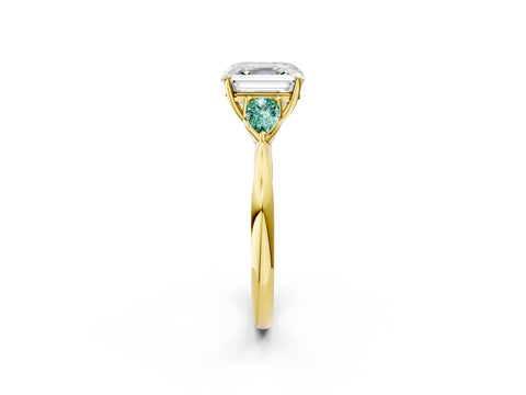 Yellow gold Asscher Cut Diamond Three-Stone Ring with Pear with Green Sapphire side stone Side Stones and Prong Setting_2